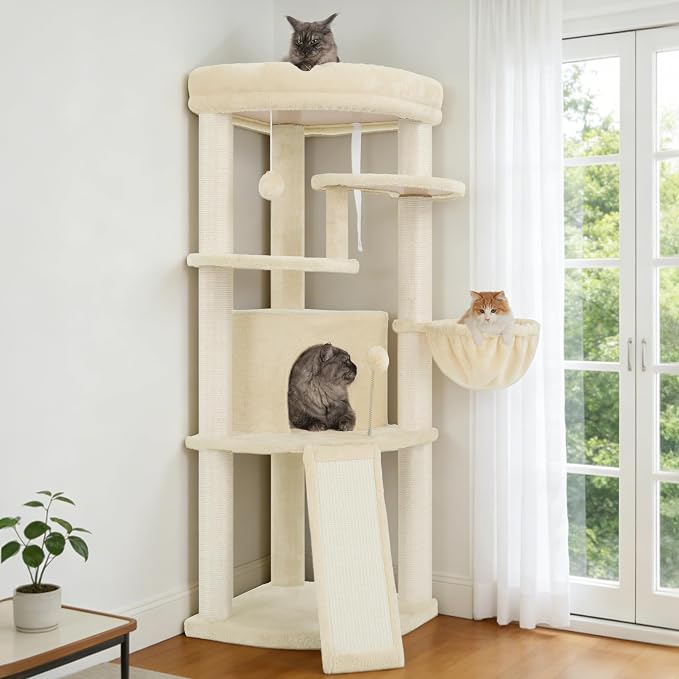 Corner Cat Tree Tower with All Sisal Scratching Posts GCT025MU | 44.1" Cat Furniture with Multi-level Cat Condo, Cat Cave, Hanging Basket, Sisal Scratching Ramp for Indoor Cats, Beige