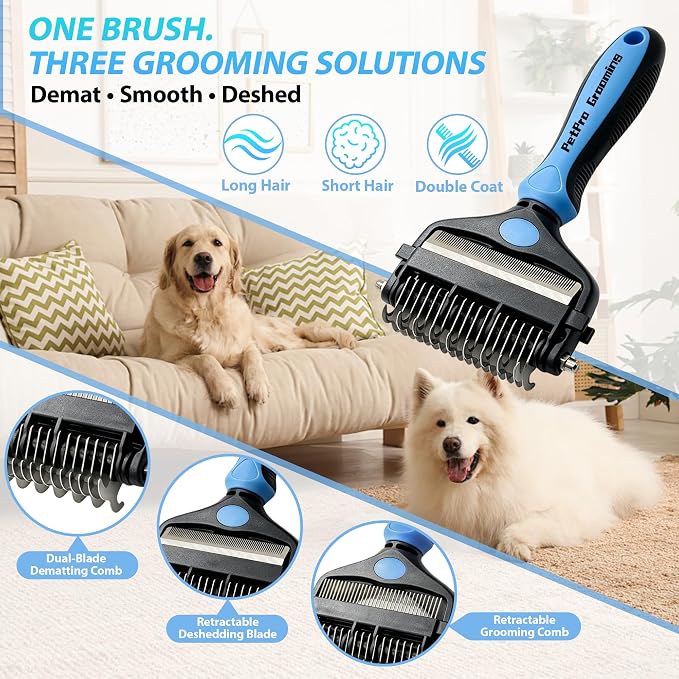 3-in-1 Dog Brush and Cat Brush-Deshedding & Dematting Tool | Replaces 3 tools to reduce grooming costs. Features retractable deshedding blade & dematting comb for dogs and cats.