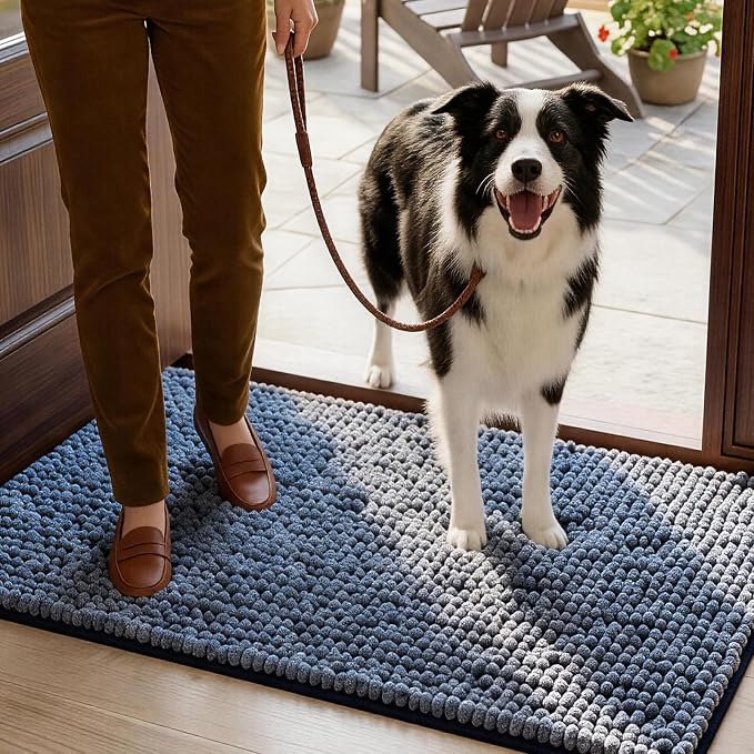 EHEYCIGA Super Absorbent Dog Door Mat for Muddy Paws 36x24 Inch Indoor, Front Doormat Outside Entrance, Quick Dry Chenille Washable Dog Crate Bed, Non-Slip Pet Rug Mud Mat Outdoor Entryway, Navy Blue