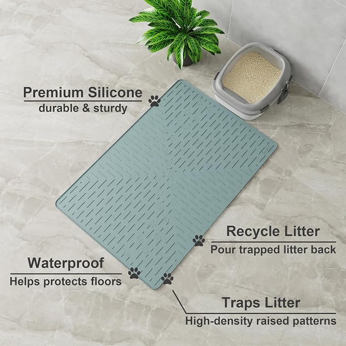 OHMO XL Cat Litter Mat, 37.5x25.2 Silicone Trapping Mat Light Blue | for Kitty Litter Box, Easy Clean, BPA Free Rubber, Center Litter Collection, Easy Pour-Back, Waterproof, Odor-Resistant