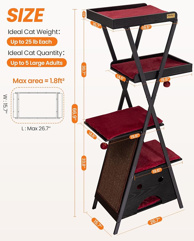 Modern Wood Cat Tree Tower for Indoor Cats Large Adult 67-in Tall | Heavy Duty XL Stable Wooden Cat Condo House Furniture with Multi-Level Spacious Perch Scratching Board Soft Washable Pads