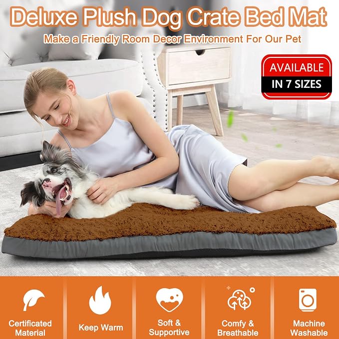 POCBLUE Dog Bed Medium Sized Dog, Washable Plush Pet Bed for Crate, Anti-Slip Pet Mat for Cages, Comfy Crate Pad for Outdoor/Indoor/Car Use, Soft Kennel Pad for Dogs Up to 40 lbs, 29"x19", Brown