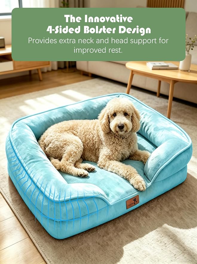Spotted Play Orthopedic Dog Bed with Sides - Sofa Beds for Large Dogs, Supportive Foam Pet Couch Bed with Washable Removable Cover, Waterproof Lining and Non-Slip Bottom, Ice Blue - L-Plus