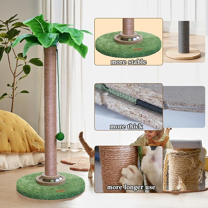 Meowoou Sisal Pole Cat Scratching Post with Wooden Ball Tracker Toy & Interactive Hanging Ball, Natural Palm Leaf Top Cat Tree Tower, 33 inch Tall Round Plush Base Pad for Indoor Kitten Scratcher
