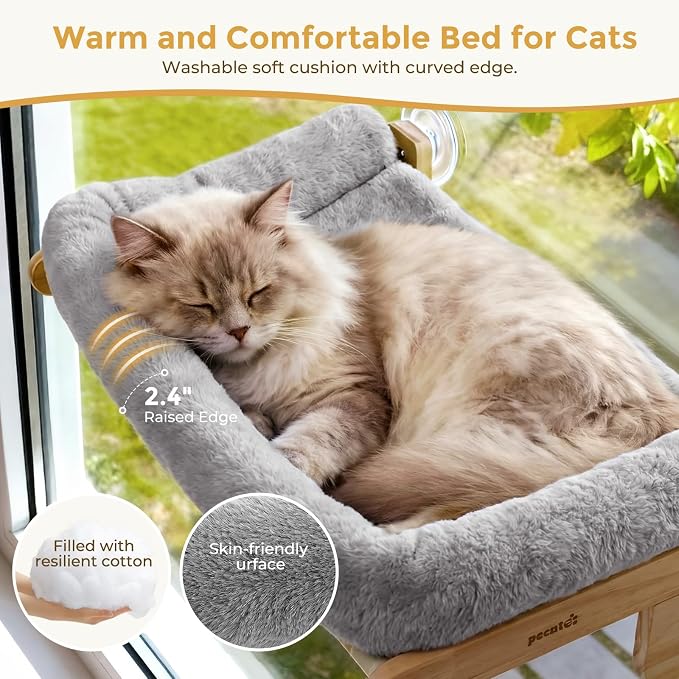 Pecute Cat Window Hammock Foldable, Cat Bed with Soft Cushion Grey, 26" L | Sturdy Wood Frame, Collapsible Large window perch with Strong Suction Cup for Indoor Cat, foldable Design, Soft Plush Surface