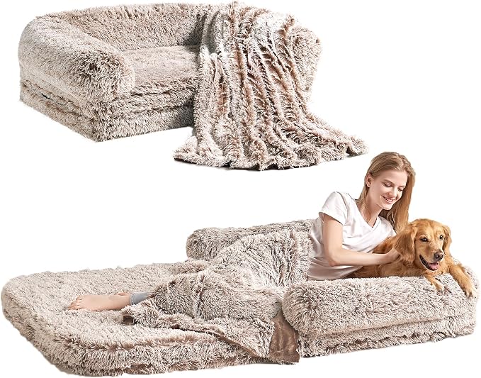EHEYCIGA Foldable Human Dog Bed, 72"x44"x11" Orthopedic Memory Foam Human Sized Dog Bed, Waterproof Pet Bed for People, Faux Fur Pet Couch for Adult with Non-Slip Bottom, Faded Brown