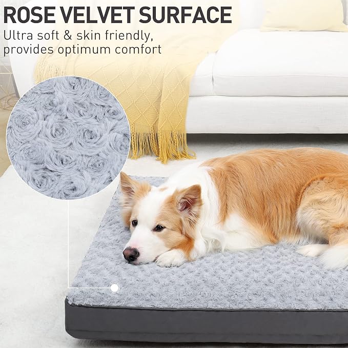 KSIIA Dog Crate Bed Waterproof for Extra Large Dogs - Rose Velvet Soft Fluffy Washable with Removable Cover & Anti-Slip Bottom, 47 x 29 Inch, Light Gray