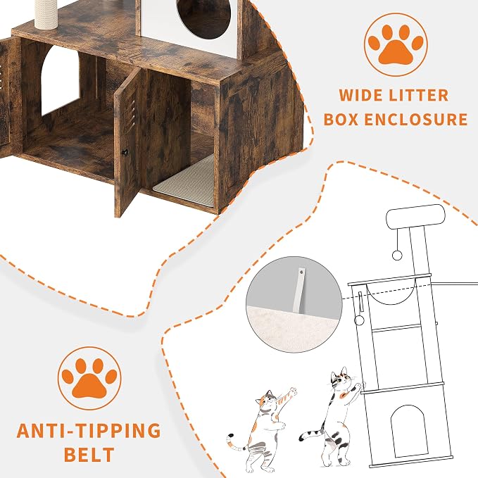 Modern Cat Tree with Hidden Litter Box Cabinet, Multi-Level Cat Condo with Scratching Posts, Perches, Hammock & Basket for Indoor Cats, Brown Wood Finish