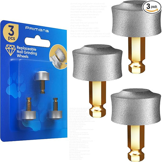 Primens Professional Dog Nail Grinder Replacement Head (Pack of 3 Bits) - Diamond Replaceable Tip for Pet Claw Grooming, Spare Grinding Wheel for Large, Medium & Small Dogs