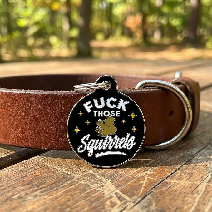 Bad Tags Personalized Dog and Cat ID Tags in 25+ Designs and 2 Sizes - 5 Lines of Custom Engraved Text - Funny Cute Personalized Pet Tags (F*ck Those Squirrels - Black, Large (1.25 inch))
