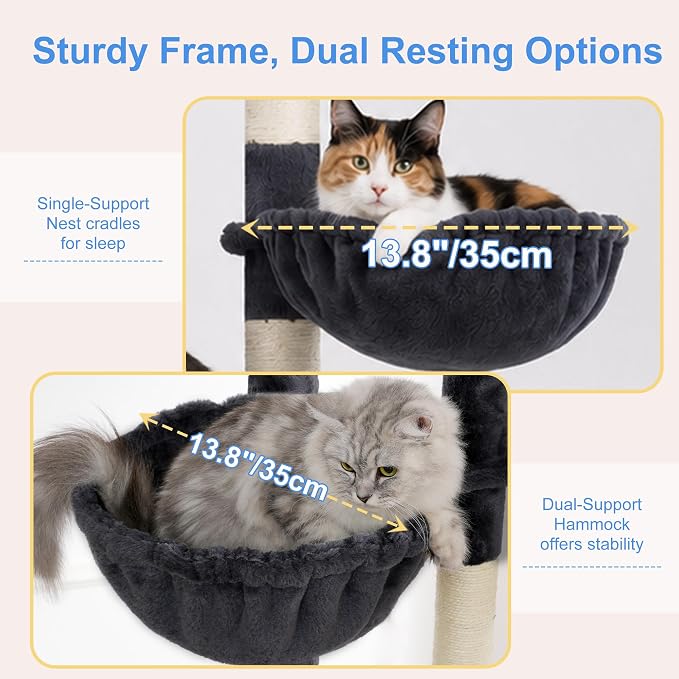 Heybly 68.1" Cat Tree with Oversized Top Platform & Wide Base HCT059G | Heavy Duty Cat Tower for Large Indoor Cats with 2 Condos, 2 Hammocks, 10 Sisal Scratching Posts, Stable Cat House, Smoky Gray