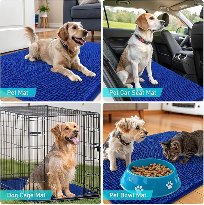 OLANLY Dog Door Mat for Muddy Paws 32x20, Super Absorbent Chenille Mud Mat | Royal Blue, Absorbs Moisture and Dirt, Non-Slip Machine Washable Doormat, Quick-Drying Indoor Entryway Floor Carpet for Dogs