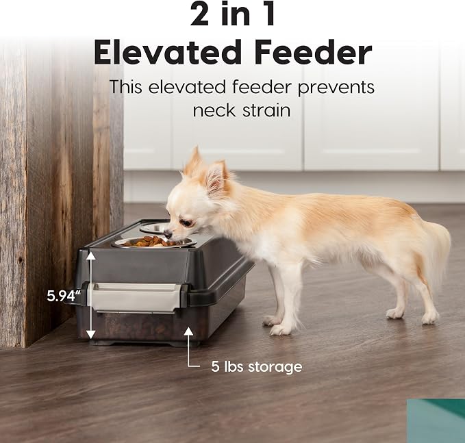 IRIS USA Elevated Dog Bowls with Storage, 6" H Raised Feeding Station, Dog Bowl Stand with Airtight Food Storage Holds 5 lbs, 4 Removable 16 oz Stainless Steel Food and Water Bowls, Smoke/Black