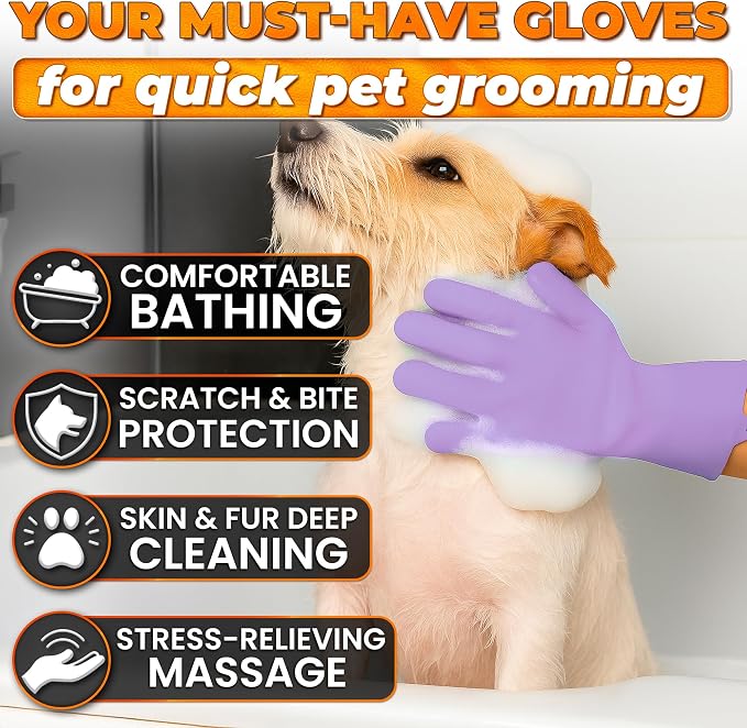 Cat and Dog Washing Gloves, 1 Pair, 11.6", Soft Silicone (Purple) | Dog Shampoo Gloves, Pet Bath & Grooming Mitt, 3000 Soft Bristles, Removes Loose Hair, Saves Shampoo, Massage, Wet or Dry