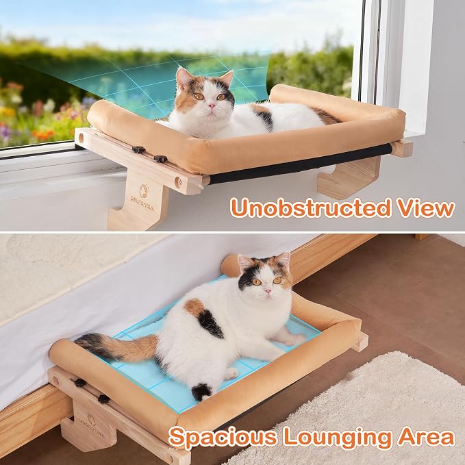 Cat Window Perch + Bonus Toy by Petronaut – Solid Wood, Durable & Easy-Clean, Comfortable Orthopedic Hammock, No Drilling, No Suction Cups, Holds 40 lbs – Window Seat for Large Cats, 21.7"x15"