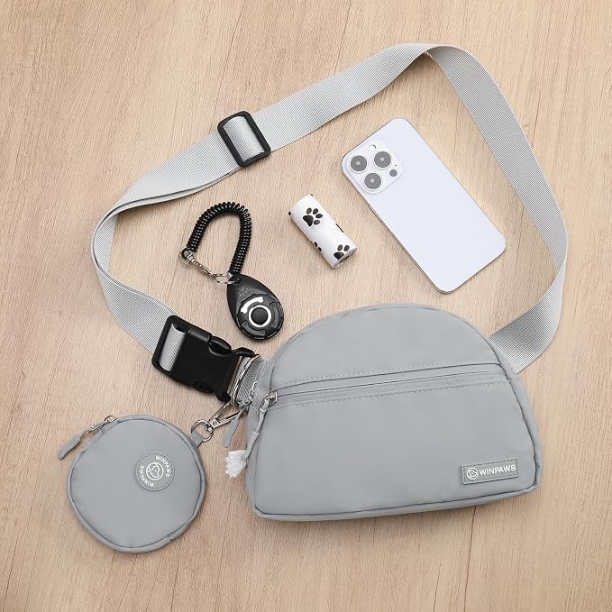 Dog Treat Pouch Pet Training Walking Fanny Pack with Built-in Poop Bag Dispenser & Waste Bag Holder | Stylish Puppy Training Essentials Supplies | Free Dog Clicker (Grey)