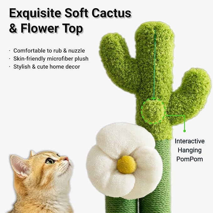 Happi N Pets 33" Tall Cactus Cat Scratching Post for Large Cats, Heavy Duty Double Scratch Posts with Flower & Crinkle Leaves, Cactus Cat Tree with 2 Bonus Toy & Catnip, Green Stable Scratching Post