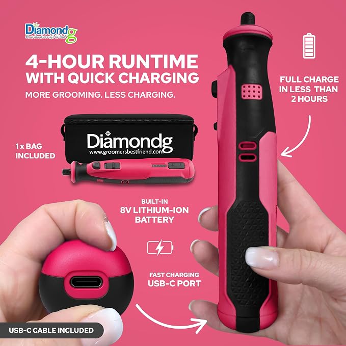 Diamondg Cordless Dog Nail Grinder - Quiet Sound with LED Light, Pink | 5-Speed Rechargeable Pet Nail Trimmer for Small & Large Dogs, USB-C Charging, 4hrs. Runtime, Painless, 2 Bits Included