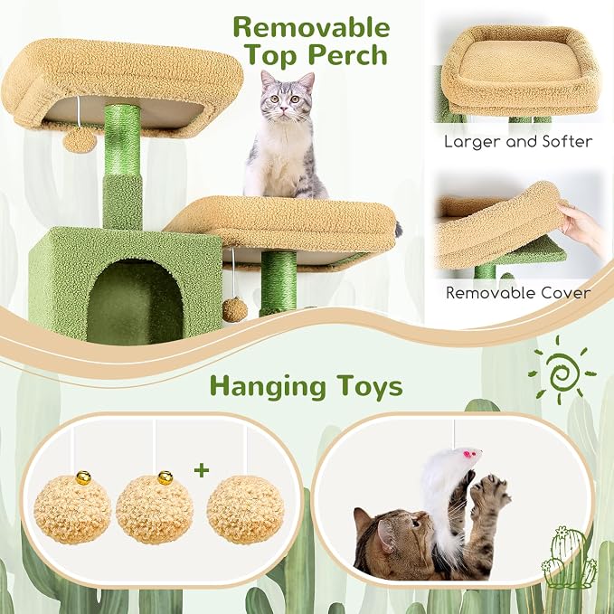 Globlazer Extra Tall Cat Tree Tower for Indoor Cats, 76in, F76, Cactus | Multi-Level Cat Furniture with Cozy Condos,Hammock and Perches for Large Adult Cats, Perfect for Climbing, Scratching