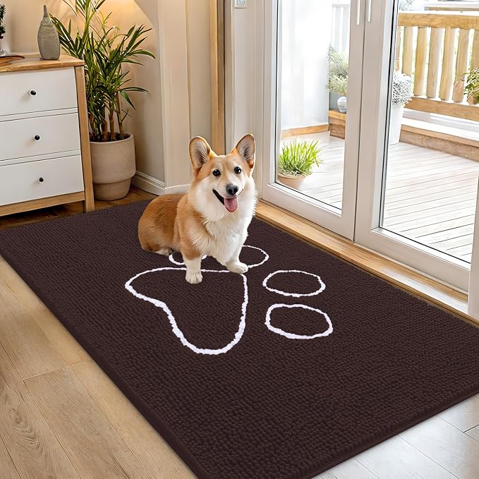 OLANLY Dog Door Mat for Muddy Paws 54x32, Paw Print Design Chenille Mud Mat | Brown, Absorbent, Traps Moisture and Dirt, Non-Slip Washable Doormat, Quick-Drying Indoor Entryway Floor Carpet for Dogs