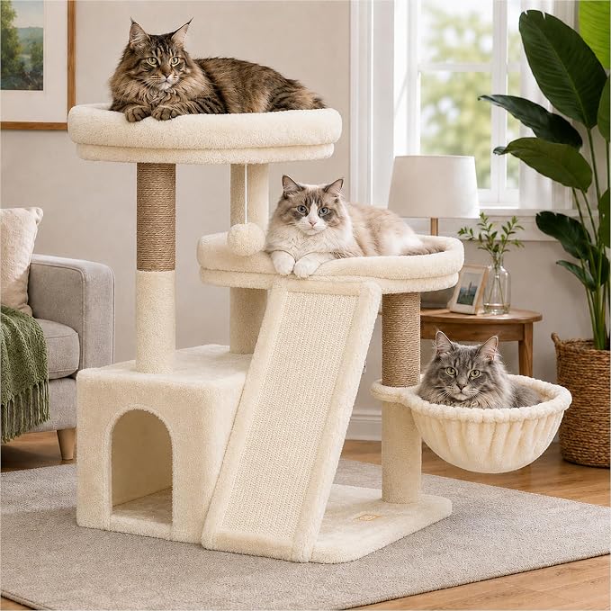 Heybly Compact Cat Tree with Big Scratcher, Stable Cat Tower HCT206SMJ | 27.2" Cat Furniture with 2 Top Perches, Floor Cat Condo, Cozy Hammock, Space-Saving Cat Activity Center, Beige
