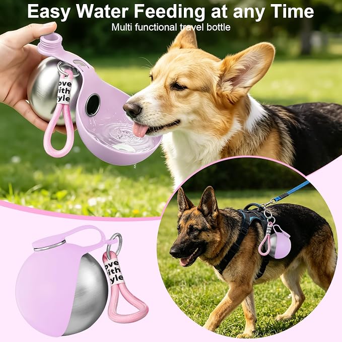 2 in 1 Dog Water Bottle with Bowl, 10oz Stainless Steel Travel Pet Water Dispenser, No-Spill Leak-Proof Design with Silicone Bowl, Compact Pet Drinking Bowl for Puppies Outdoor (Pink)
