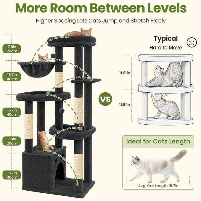 67in Cat Tree Tower for Indoor Cats, Multi-Level Dark Grey | Climbing Tower with 3 Large Platform, 4 Scratching Posts, Hammock, Large Condo for Multiple Cats, Modern Cat Tree Furniture