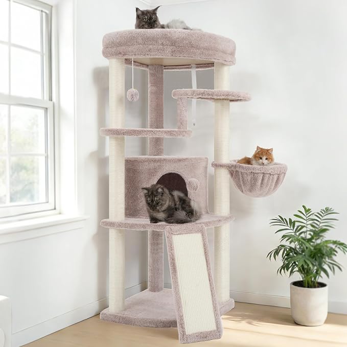 Corner Cat Tree Tower with All Sisal Scratching Posts GCT025MU | 44.1" Cat Furniture with Multi-level Cat Condo, Cat Cave, Hanging Basket, Sisal Scratching Ramp for Indoor Cats, Muchroom