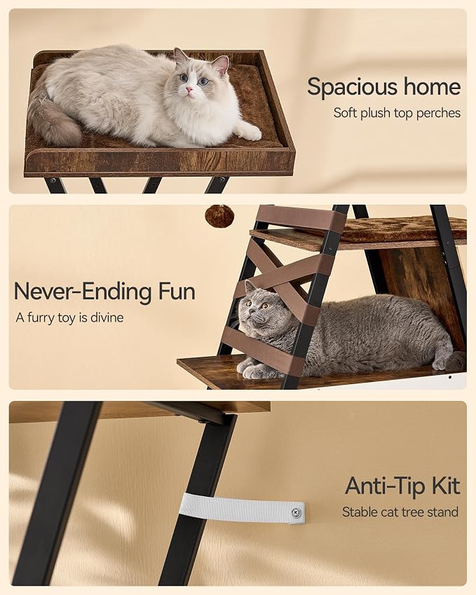 72.4" Modern Cat Tower for Indoor Cats - Multi-Level Condo With Caves, Tall Tree With Scratching Board, Wooden Tower With Large Perch, Removable Pads, Rustic Brown