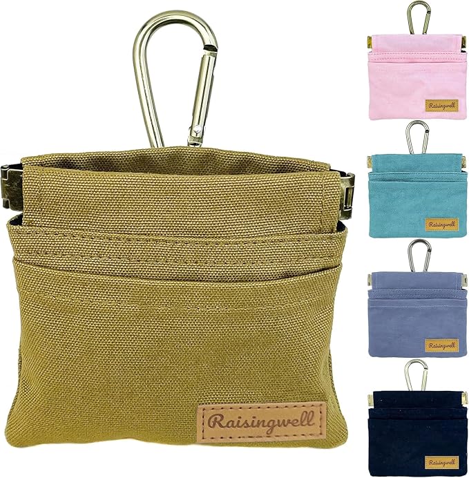 Raisingwell Dog Treat Pouch, Brown Pocket Sized Pet Training Pouch, Cotton Fabric, Hand Free Dog Walking Bag with Carabiner, Self-Closing Pet Feed Snack Reward, for Puppy Travel or Outdoor Use