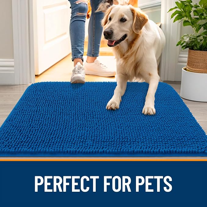 OLANLY Dog Door Mat for Muddy Paws 34x21, Super Absorbent Chenille Mud Mat | Deep Navy Blue, Absorbs Moisture and Dirt, Non-Slip Machine Washable Doormat, Quick-Dry Indoor Entryway Floor Carpet for Dogs