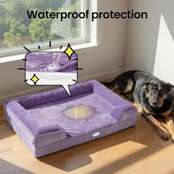 OhGeni Orthopedic Dog Bed Couch Big Cat Sofa for Extra Large Sized Pets with Memory Foam, Machine-Washable Waterproof Removable Cover, Soft Comfortable Fabric, 44-inch (Purple)