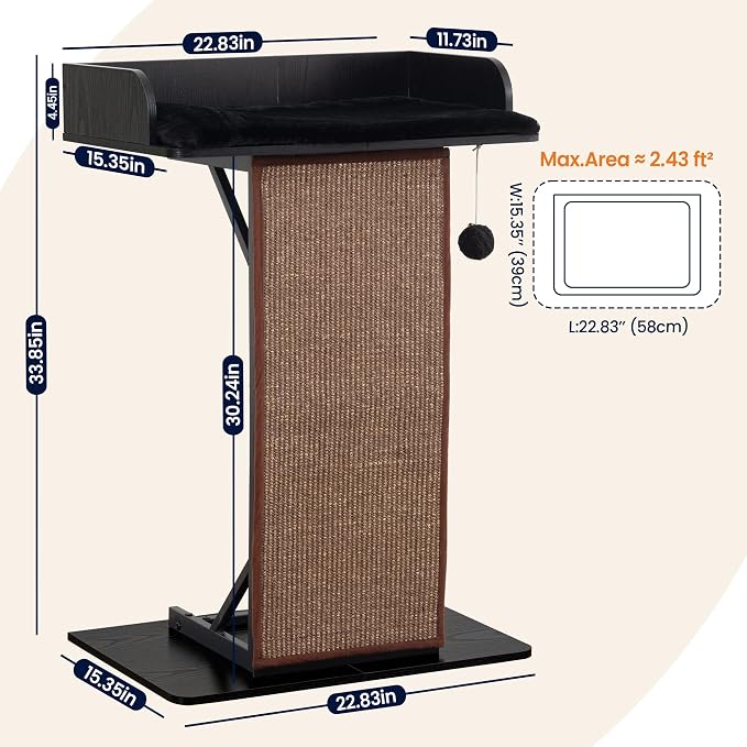 Modern Wood Cat Tree Tower for Indoor Large Adult Cats with Big Perch Bed | 33.8in Tall Wooden Cat Trees with Platform, Cat Scratching Pads, Washable Cushions, Cat Furniture for Window, Rustic Black