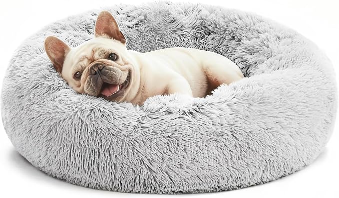 Love's cabin Calming Cat Bed for Indoor Cats, Anti-Anxiety Donut Round Dog Bed, Fluffy Faux Fur Washable Pet Bed for Small Medium Dogs and Cats, Grey, 20in