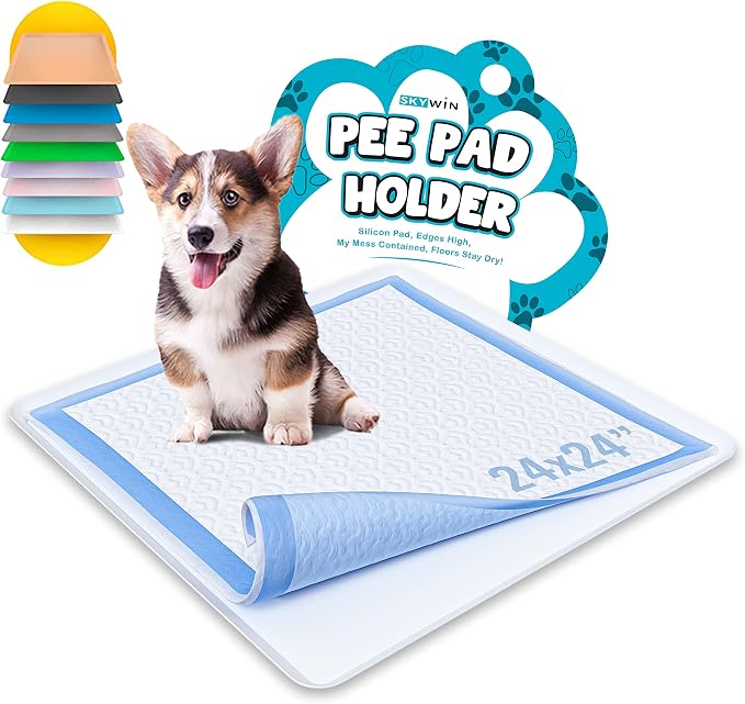 Skywin TidyFriend Dog Pee Pad Holder - Fits Up to 24” x 24” Pee Pad Holder for Dogs - Stable Grip, Soft Edges, Quick Wipe Silicone Surface Dog Pad Holder for Indoor Flooring Protection (White)
