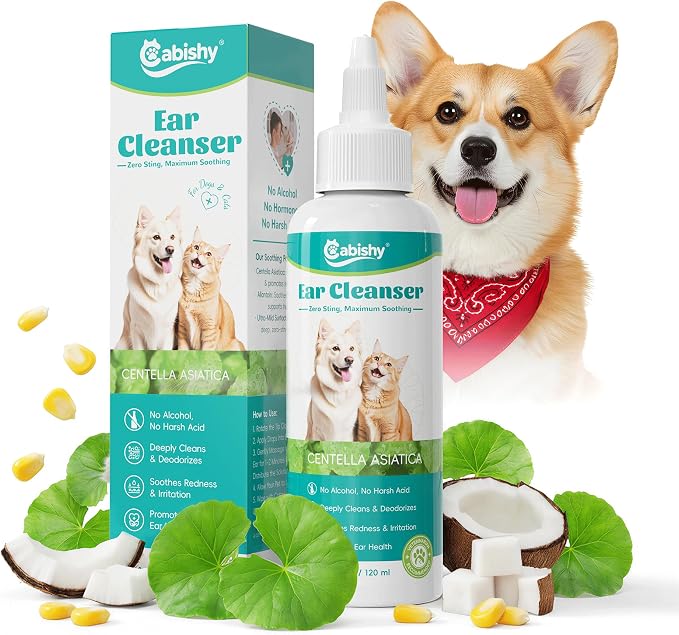 Cabishy Dog & Cat Ear Cleaner for Itchy, Smelly Ears – Gentle Ear Wax Removal & Soothing Ear Wash with Centella Asiatica, Alcohol-Free Pet Ear Cleaning Solution for Dogs & Cats (4oz)