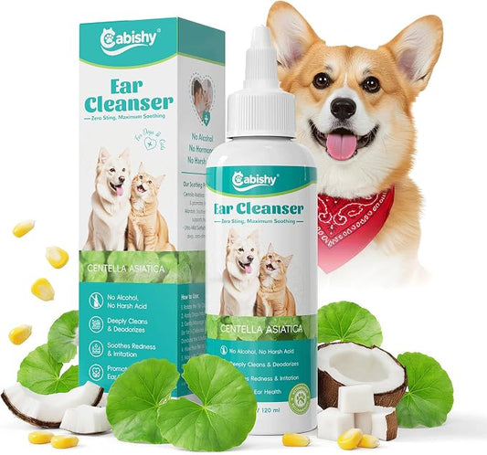Cabishy Dog & Cat Ear Cleaner for Itchy, Smelly Ears – Gentle Ear Wax Removal & Soothing Ear Wash with Centella Asiatica, Alcohol-Free Pet Ear Cleaning Solution for Dogs & Cats (4oz)