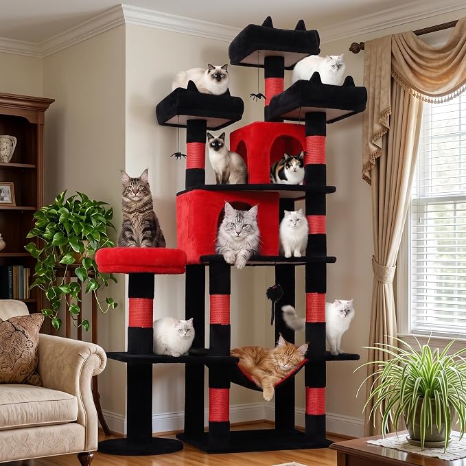 Gothic Cat Tree, 71 Inch Heavy Duty Cat Trees for Large Cats | Tall Cat Tree Tower with Extended Base, 2 Condos, 3 Perches, 9 Sisal Posts & Hammock for Indoor Adult Cats, Black Red