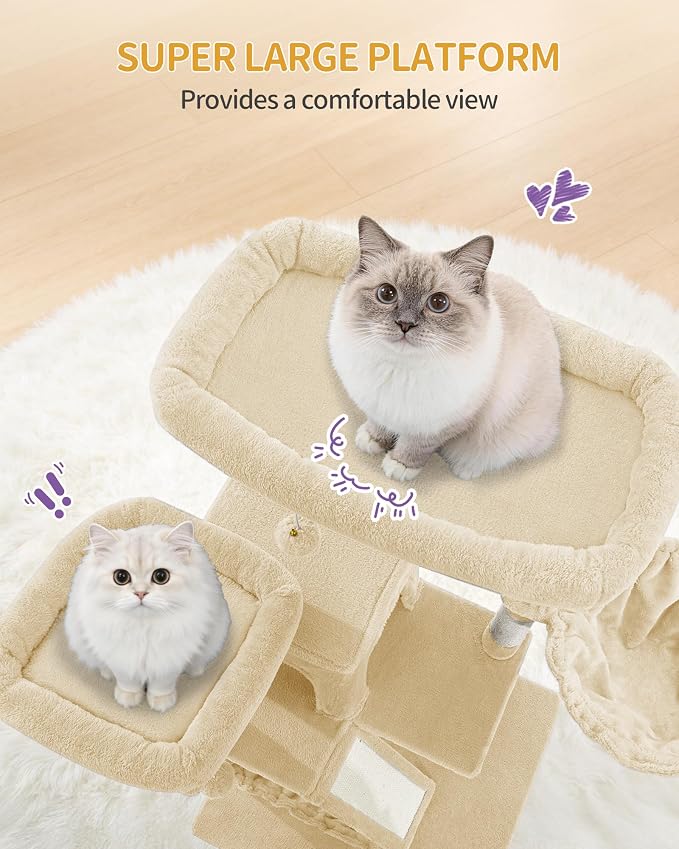 Hzuaneri Large Cat Tree, 72 Inch Tall Multi-Level Cat Tower for Indoor Cats | Cat Condo Furniture with 6 with Sisal Scratching Posts, 2 Large Platforms, 2 Cats House, Hanging Basket, Beige MS18318YG