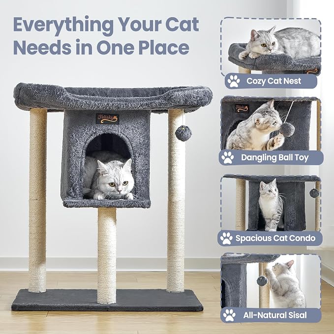 Cat Tree Tower Scratching Post for Indoor Large Adult Cats with Perch Bed | 28in Tall Small Cat Trees House with Big Perch, Condo, Toy Balls, Modern Kitten Climbing Furniture Platform, Dark Gray