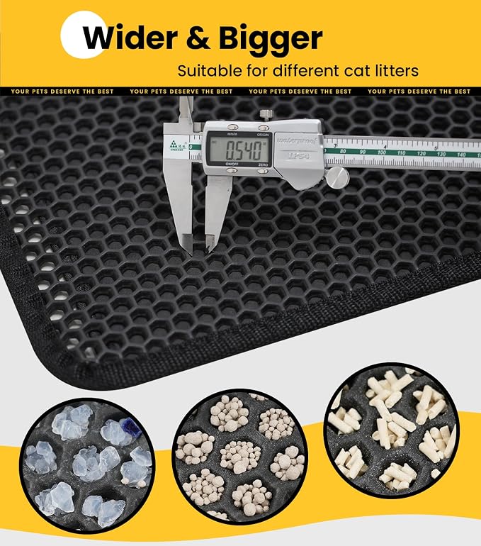 Cat Litter Trapping Mat, 24"x18" Universal Fit Litter Box Floor Mat, Hexagon Grids & Anti-Leak Base, Machine Washable, Non-Slip Kitty Mat for Most Homes, Black