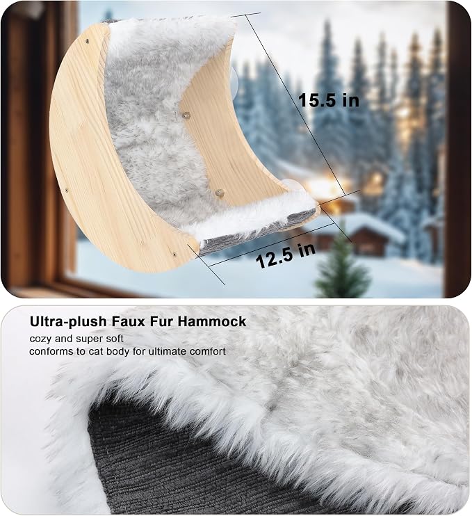 Cat Window Perch, Plywood Moon Bed with 4 Heavy-Duty Suction Cups | Ultra Plush Faux Wool Fur,Window-Mounted, Drill-Free, Up to 40 lb Support, For Small to Medium Cats, Machine-Washable Pad