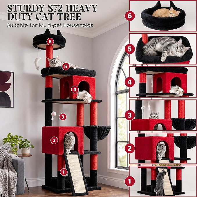 Globlazer Heavy Duty Gothic Cat Tree, 72in Large Cat Tower with Coffin Bed, Sturdy Maine Coon Cat Tree for Large Cats 20 lbs+, Medieval Castle Style with 6 Scratching Posts & Hammock, S72, Black & Red