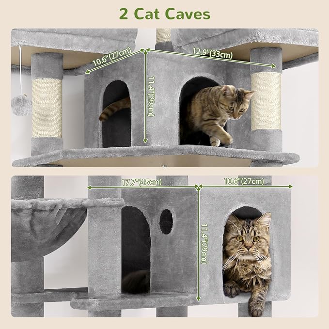 Globlazer Cat Tree Tower for Multiple Adult Cats, 82in, F82, Light Grey | XXL Tall Cat Tree Tower for Indoor Cats with Scratching Post, 3 Perches, 2 Condos, 2 Hanging Baskets