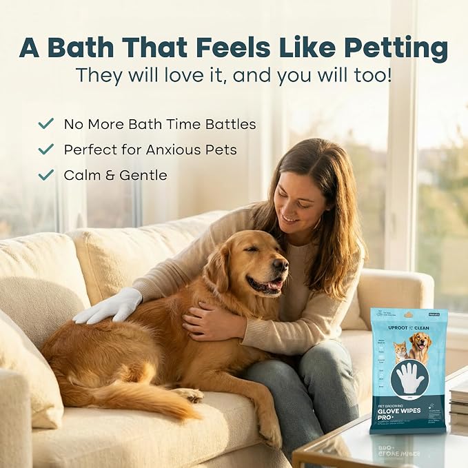 Uproot Clean Pet Grooming Gloves: Deodorizing & Grooming, 1-Month Supply | Extra-Thick Cat & Dog Wipe for Clean Paws, Eyes, Ears, Butt & Body, Lick-Safe. Mess-Free - Removing Tough Dirt, Odor, Oils