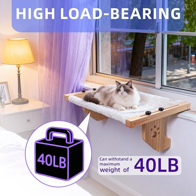 ESPETS Wooden Cat Window Hammock for Large Cats, White Kitten Window Perch | Solid Wood Window Ledge Perch, Sturdy Large Size Shelves, Soft Thick Removable Cushion, Easy Assemble Adjustable, Hold 50LBS