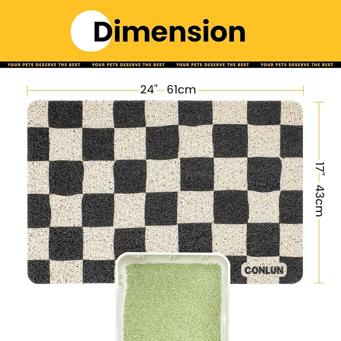 Conlun Cat Litter Mat Litter Trapping Mat, Premium Durable PVC Cute Cat Litter Box Mat, Non-Slip, Less Waste Kitty Litter Mat, Soft on Kitty’s Paws, 24”x 17” cat matts for litter, Chessboard