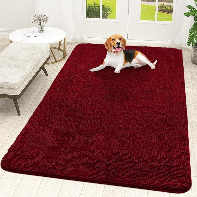OLANLY Dog Door Mat for Muddy Paws 70x46, Super Absorbent Chenille Mud Mat | Red, Absorbs Moisture and Dirt, Non-Slip Machine Washable Doormat, Quick-Drying Indoor Entryway Floor Carpet for Dogs