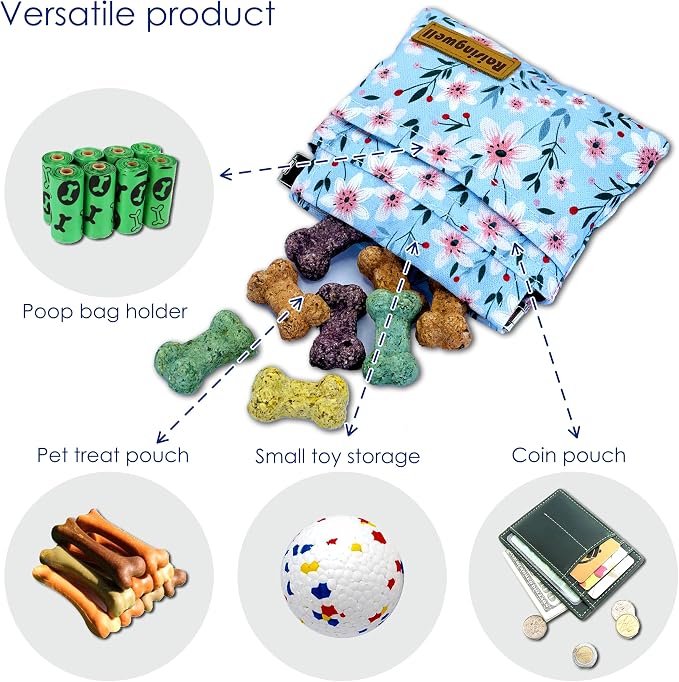 Raisingwell Dog Treat Pouch, Small Cotton Pocket Sized Training Holder, Hand Free Walking Fanny Bag with Carabiner, Self-Closing Pet Feed Snack Reward, Behavior Aids for Puppy Travel or Outdoor Use