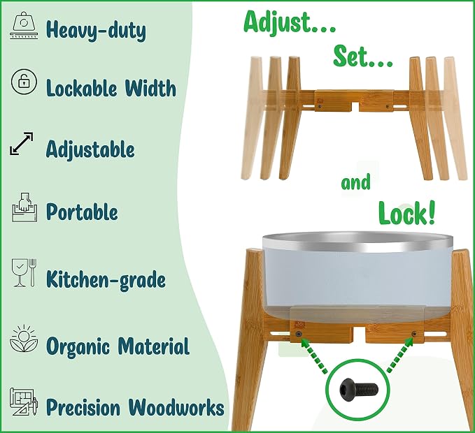 Dog Bowl Stand for Large Dogs - Adjustable, Bamboo | Use to Elevate, Raise Pet Food Water and Slow Feeder Bowls, Expandable with Locking Option, Non-Slip Feet, Stand Only